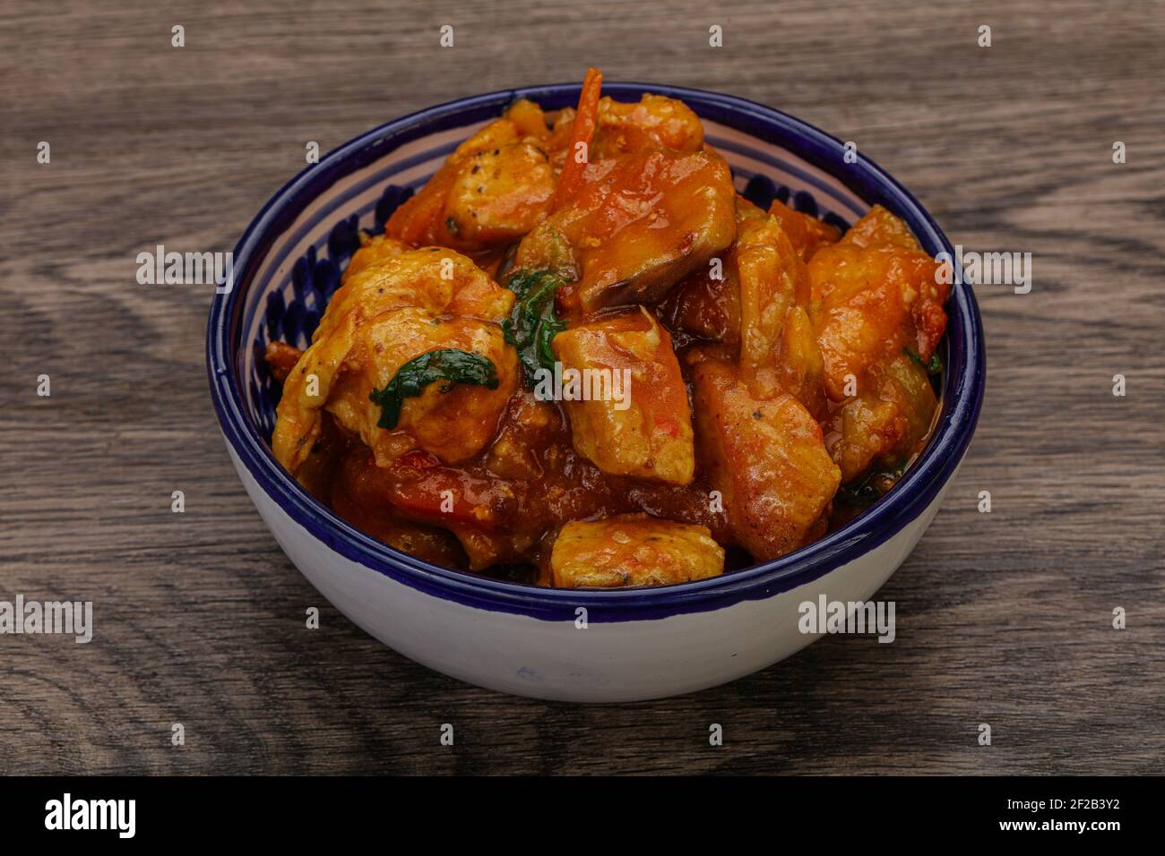 Chicken with oyster sauce and vegetables served cilantro Stock Photo