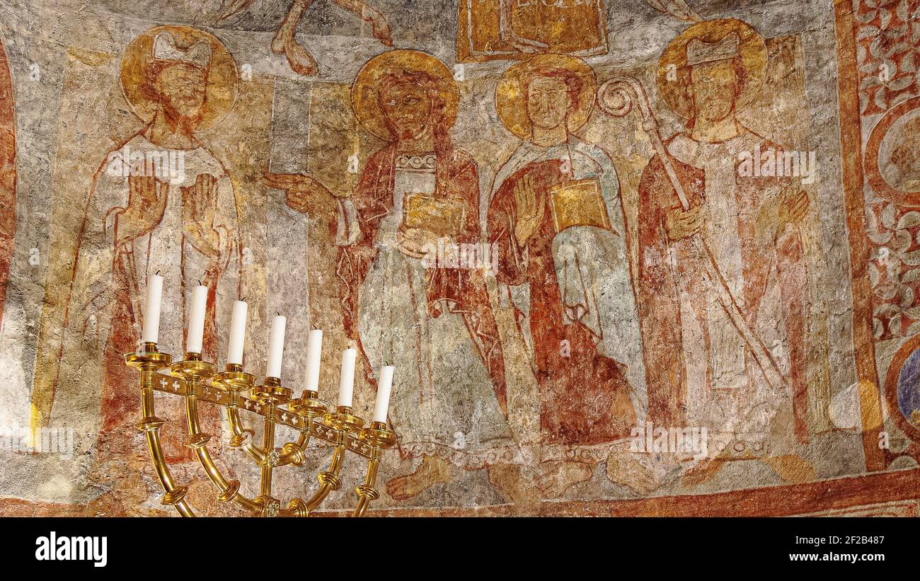 the four Fathers of the Church, a romanesque wall-painting in Övraby church, Sweden, November 6, 2009 Stock Photo
