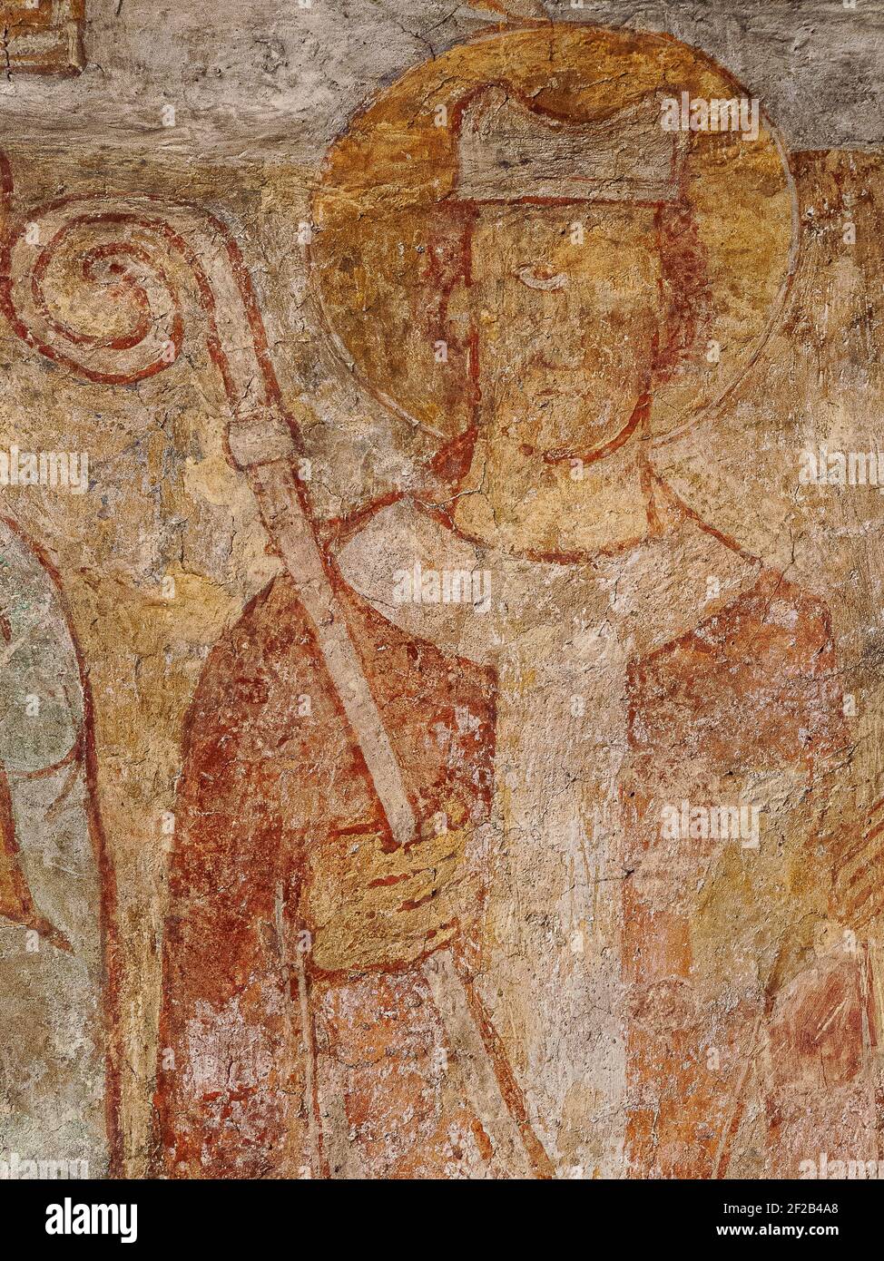 800 years old romanesque mural of an archbishop with crook and mitre, Övraby church, Sweden, November 6, 2009 Stock Photo