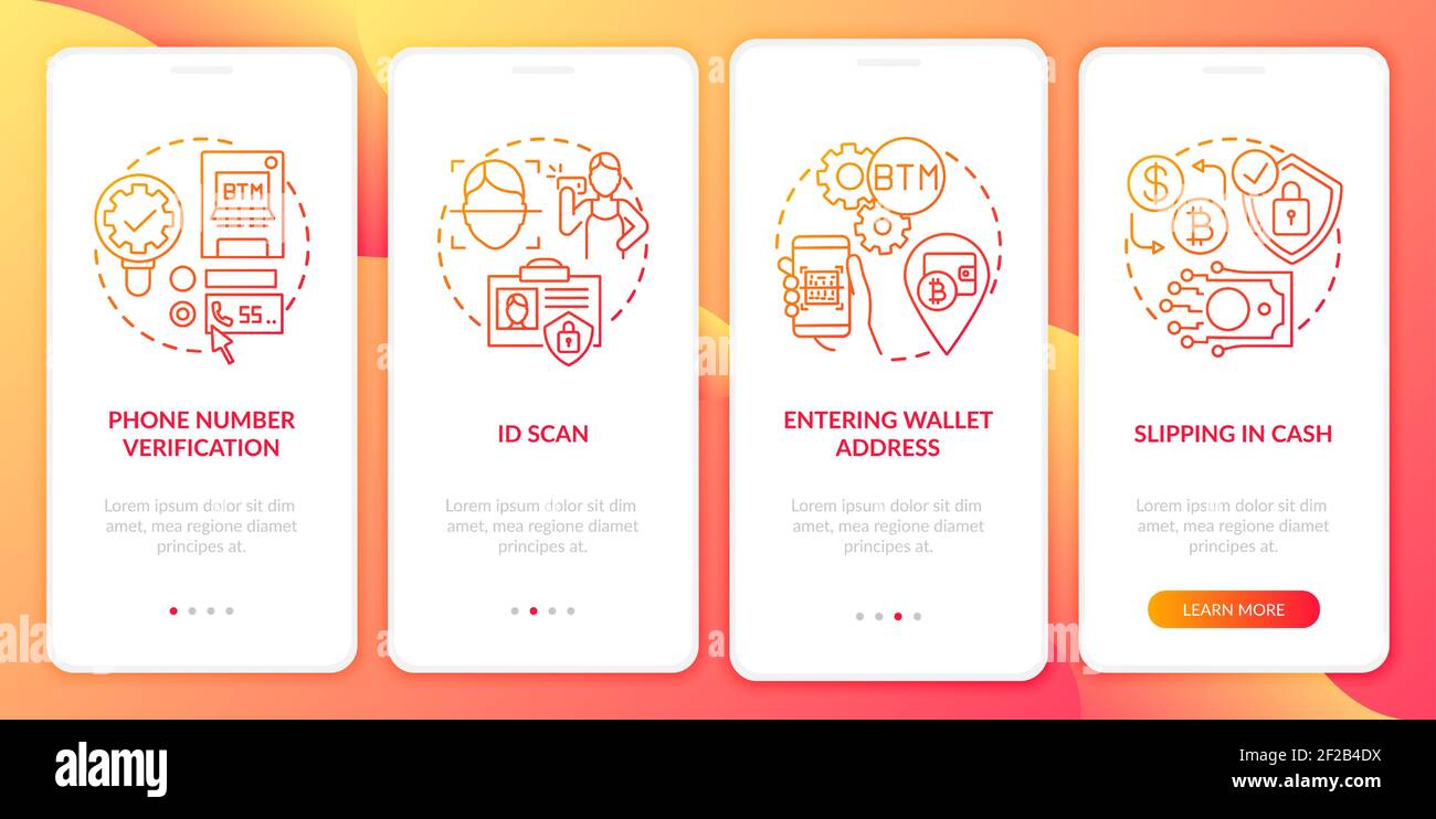 Bitcoin ATM verification steps onboarding mobile app page screen with concepts Stock Vector