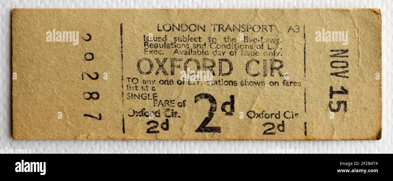 Old London Transport Underground or Tube Ticket from Oxford Circus Station Stock Photo