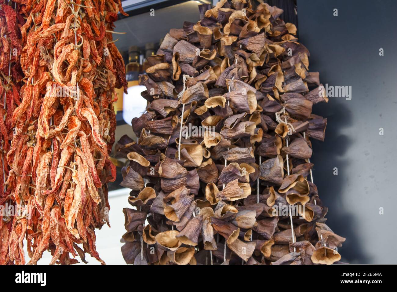 Dried vegetables hanging in a local bazaar. Dried food prepared for the