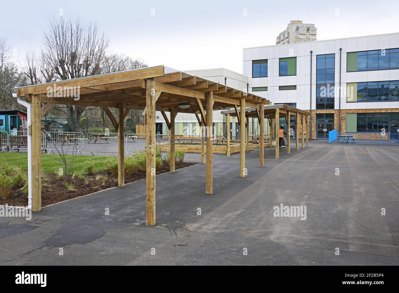 Newly rebuilt primary school in Stockwell, south London, UK. Exterior views showing playground and recreation spaces. Stock Photo