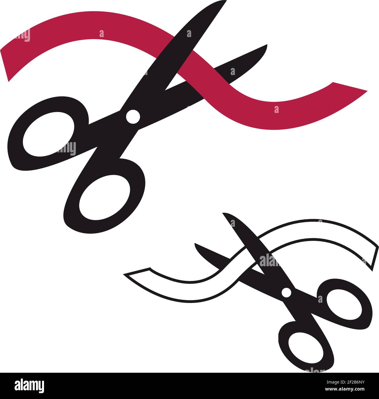 Black scissors cutting red ribbon tape isolated on white background. Vector icon concept of