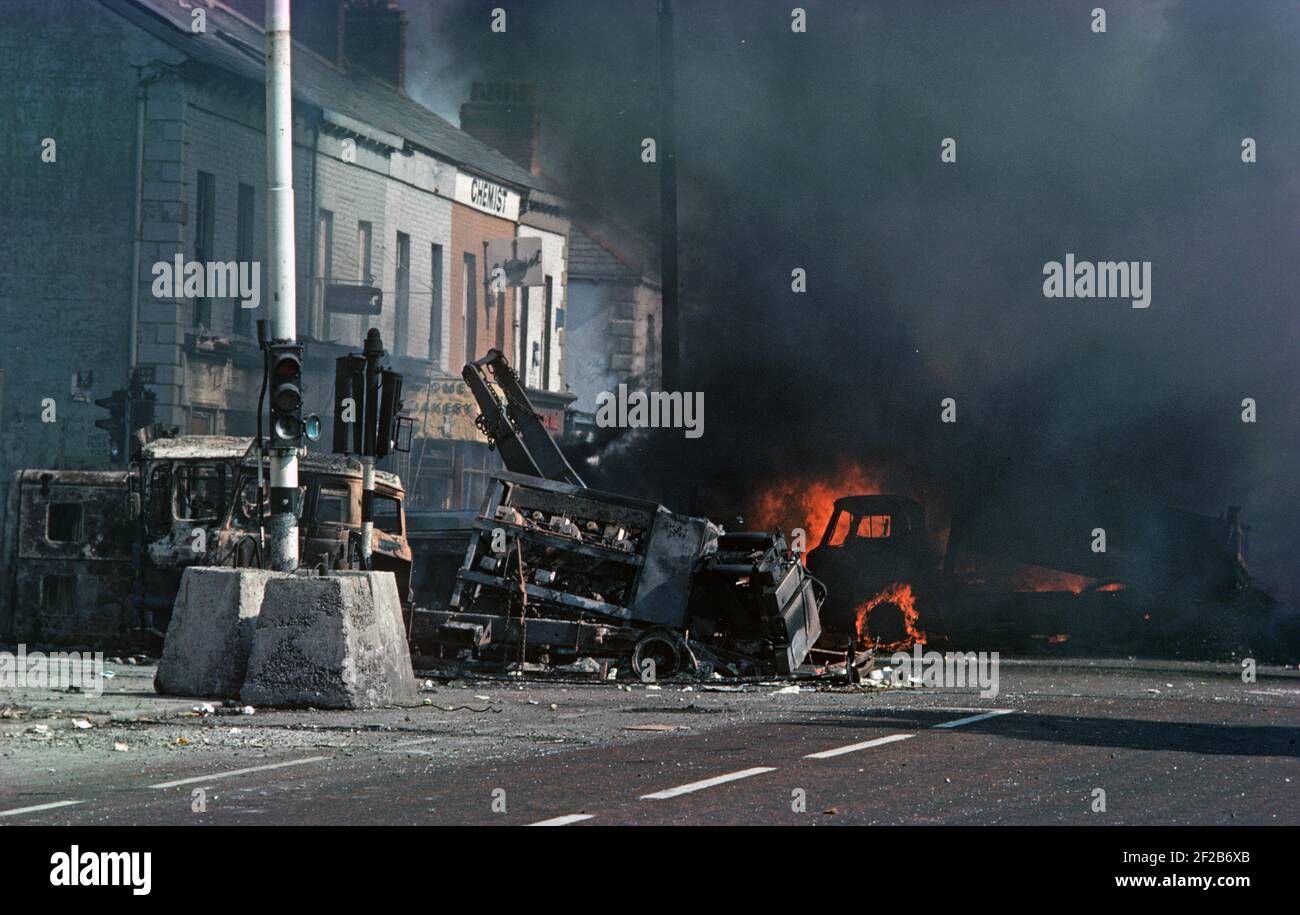 BELFAST, UNITED KINGDOM - August 1976.. Morning after a night of riots in the Falls Road, West Belfast during The Troubles, Northern Ireland, 1970s Stock Photo