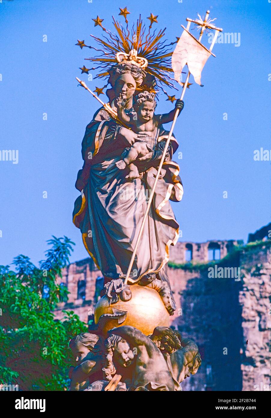 Heidelberg, Germany. The Kornmarkt (Corn Market) Madonna statue of 1718, erected by the Jesuits, in the Old Town. Stock Photo