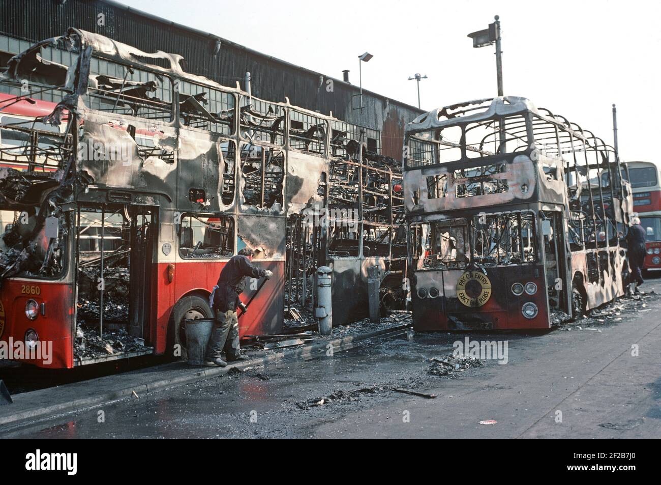 BELFAST, UNITED KINGDOM AUGUST 1976. petrol bombed Belfast City bus