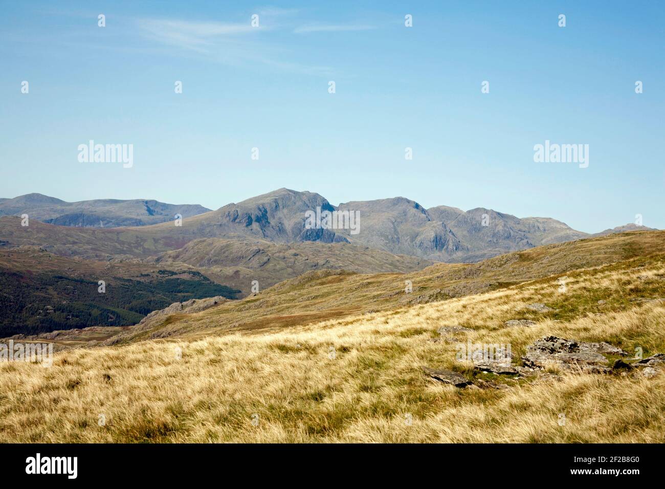 Scafell Pike and Scafell viewed from the summit of Dow Crag Coniston Lake District Cumbria England Stock Photo
