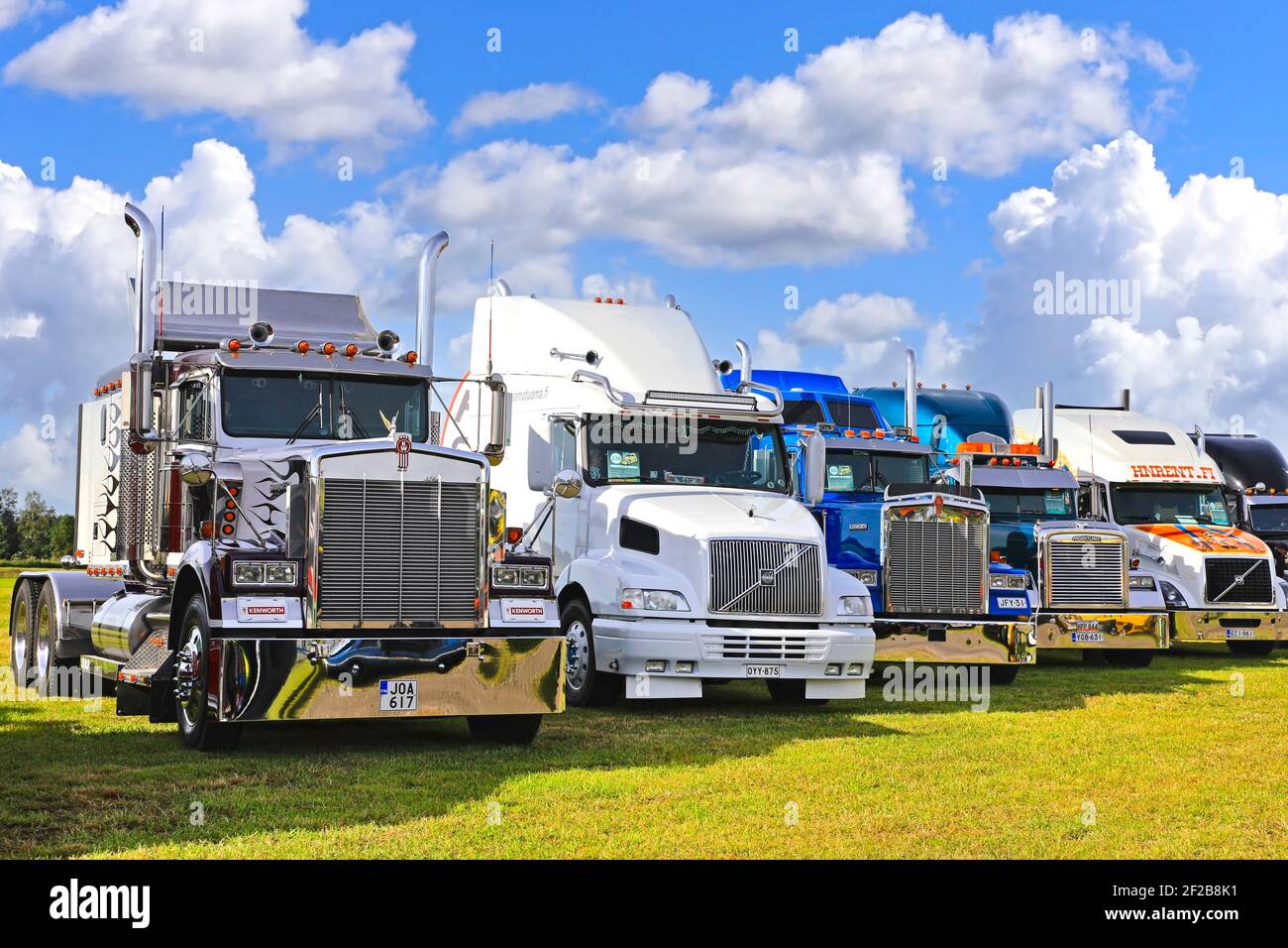 Classic conventional Kenworth, Volvo and Peterbilt trucks on display on Power Truck Show 2017. Alaharma, Finland. August 11, 2017. Stock Photo