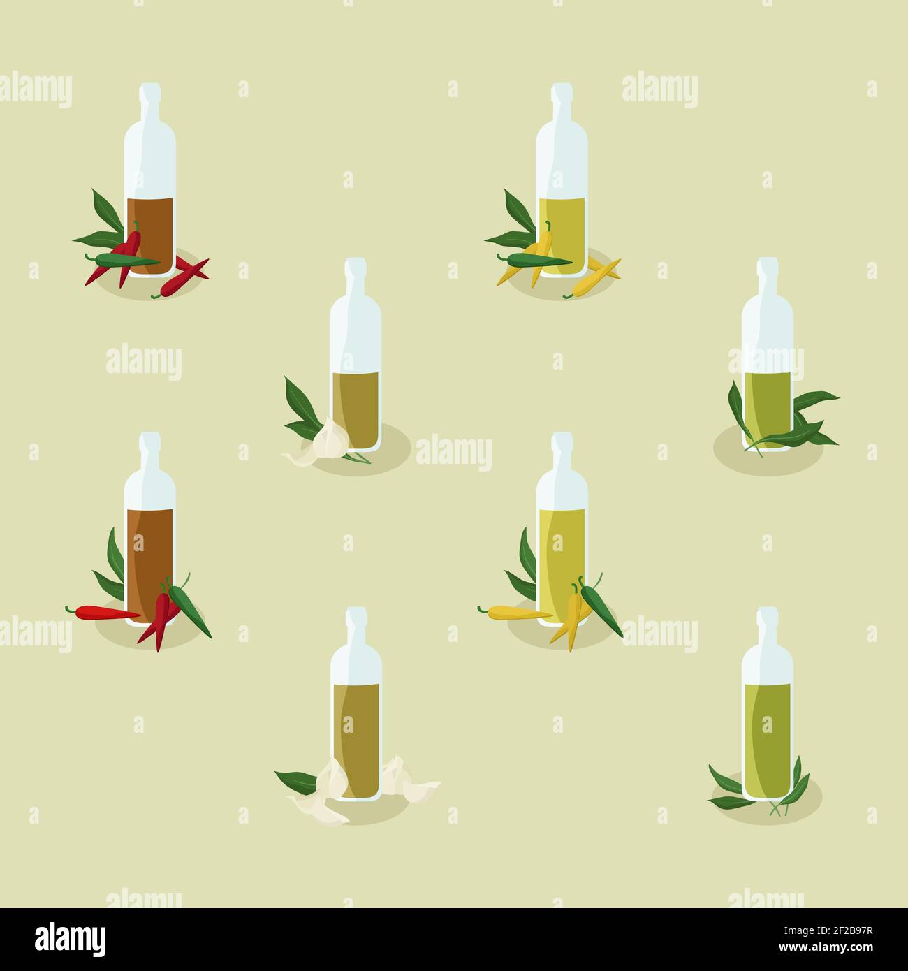 Set of chili and garlic flavored oils vector illustration Stock