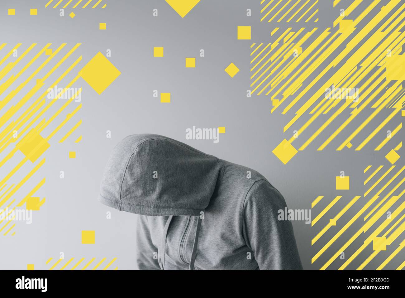 Depressed man, male person with hoodie and graphic element, mixed media photography Stock Photo