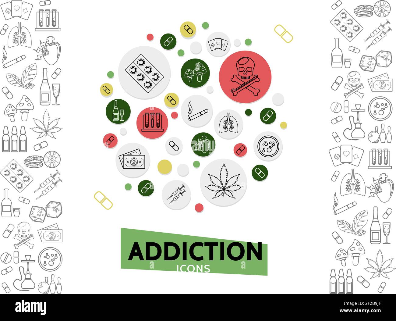 Bad habits template with line icons of dangerous harmful addictions in