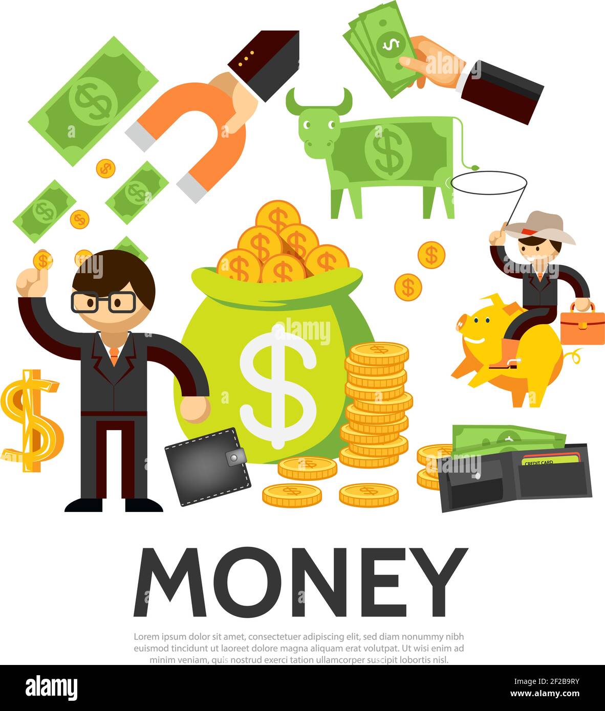 Flat finance concept with businessman cash wallet money cow bag of gold coins hand holding magnet cowboy on piggy bank isolated vector illustration Stock Vector