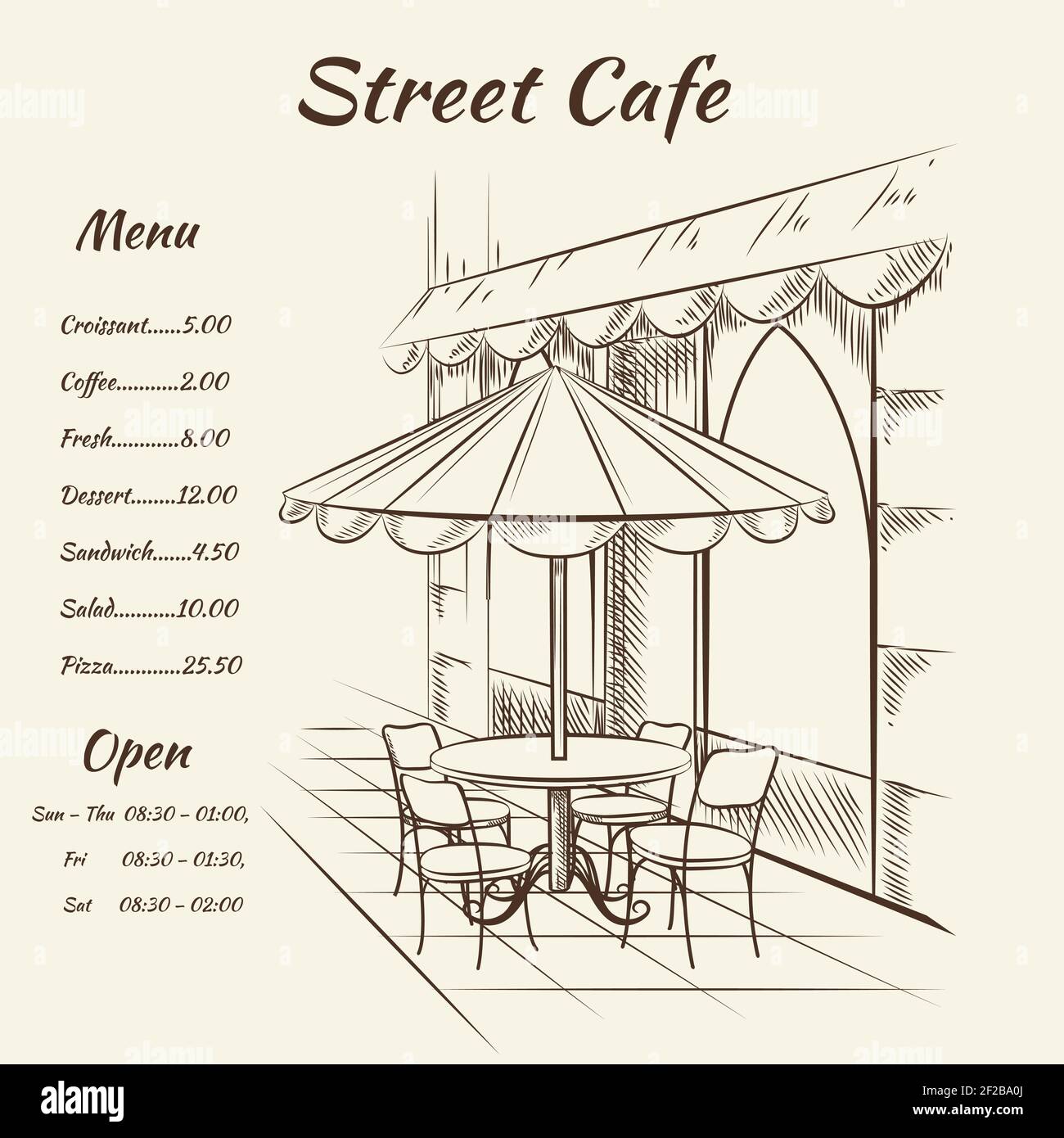 Hand drawn street cafe background. Menu design, sketch restaurant city,  exterior architecture, vector illustration Stock Vector