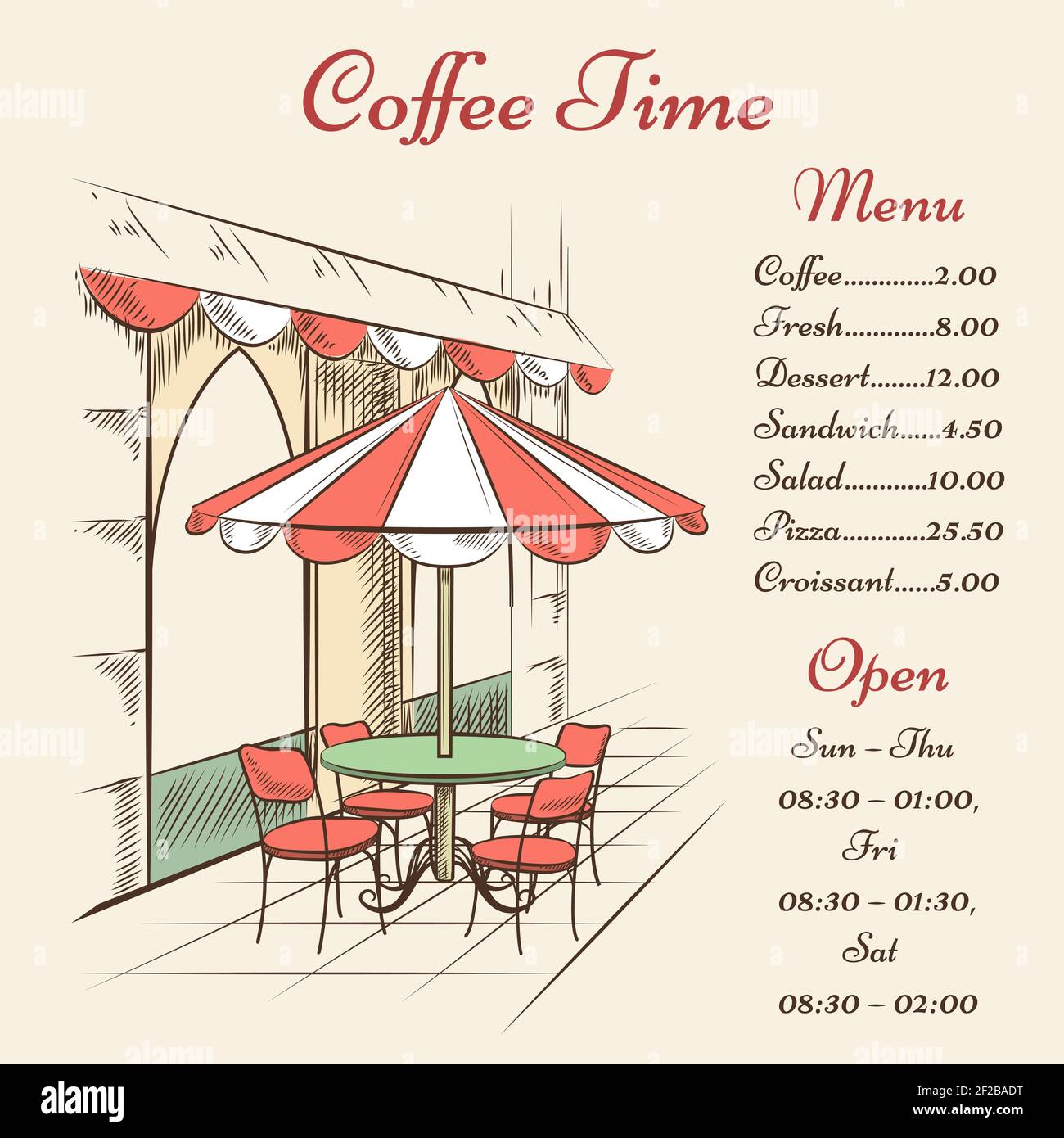 Vector street cafe poster. City and architecture, outdoor menu, town and tourism Stock Vector