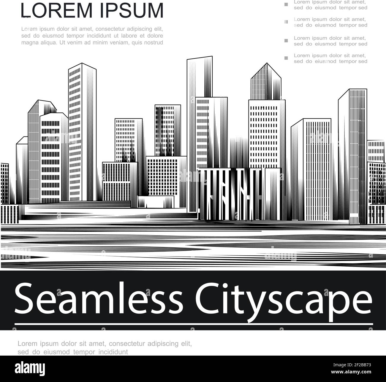 Engraving seamless cityscape template with modern buildings and skyscrapers in monochrome style vector illustration Stock Vector