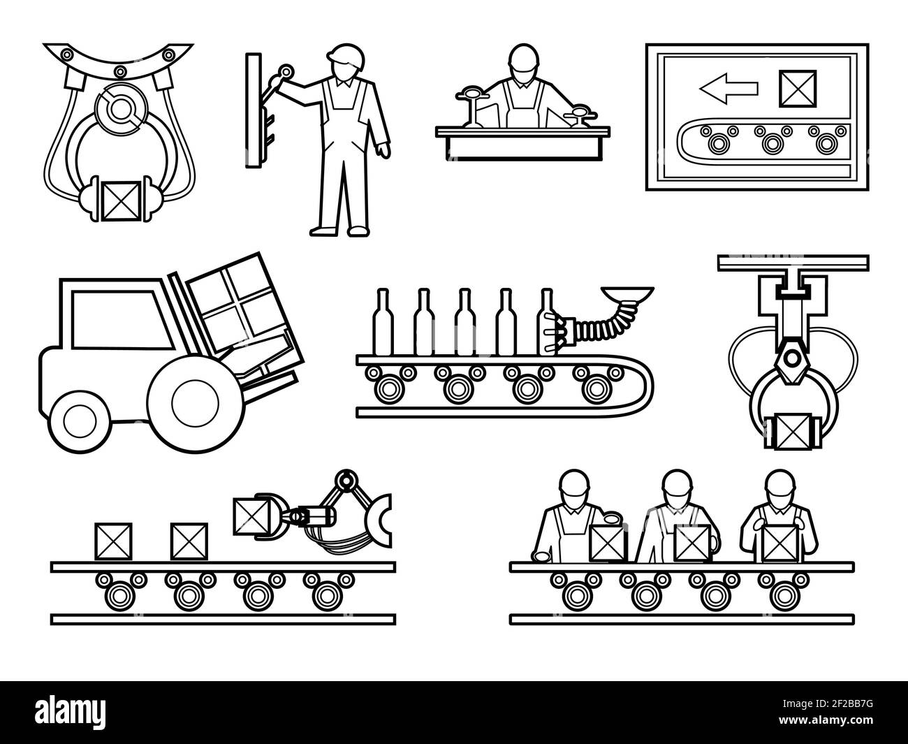 Industrial and manufacturing process icons set in line art style. Equipment for production, machine for plant or factory, vector illustration Stock Vector