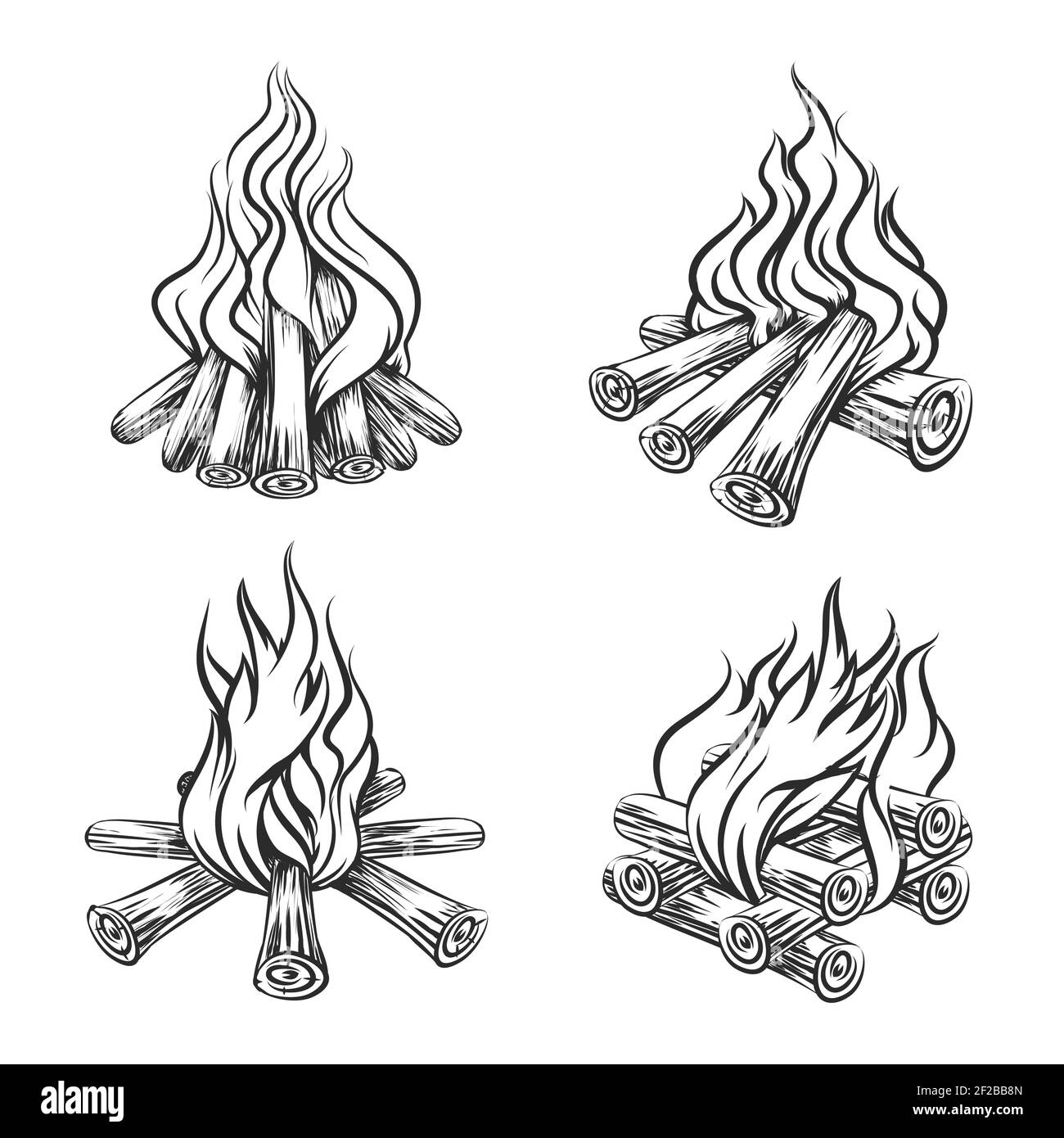Hand drawn vector bonfire set. Flame and burn, firewood energy, fireplace sketch illustration Stock Vector