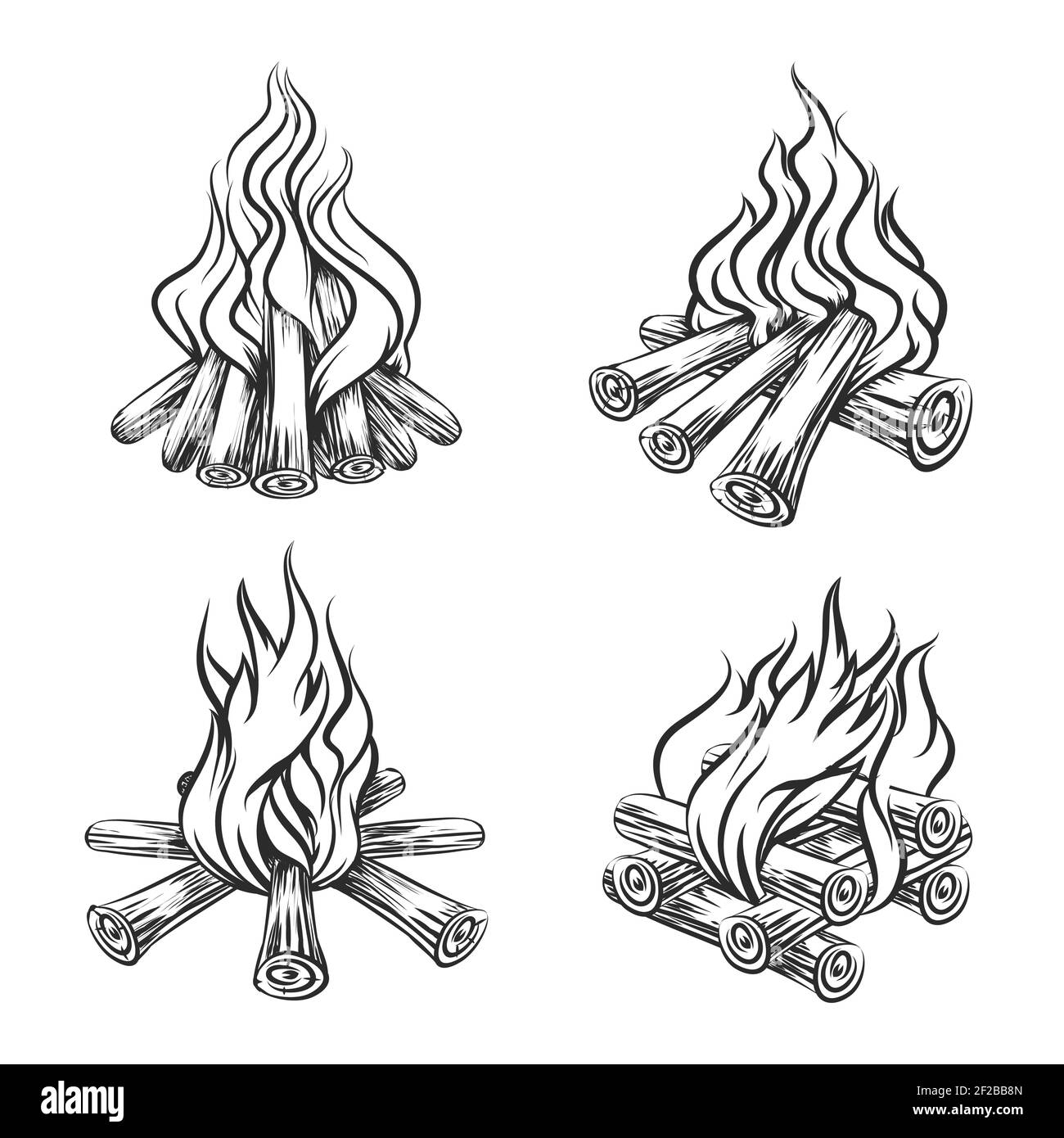 Hand drawn vector bonfire set. Flame and burn, firewood energy