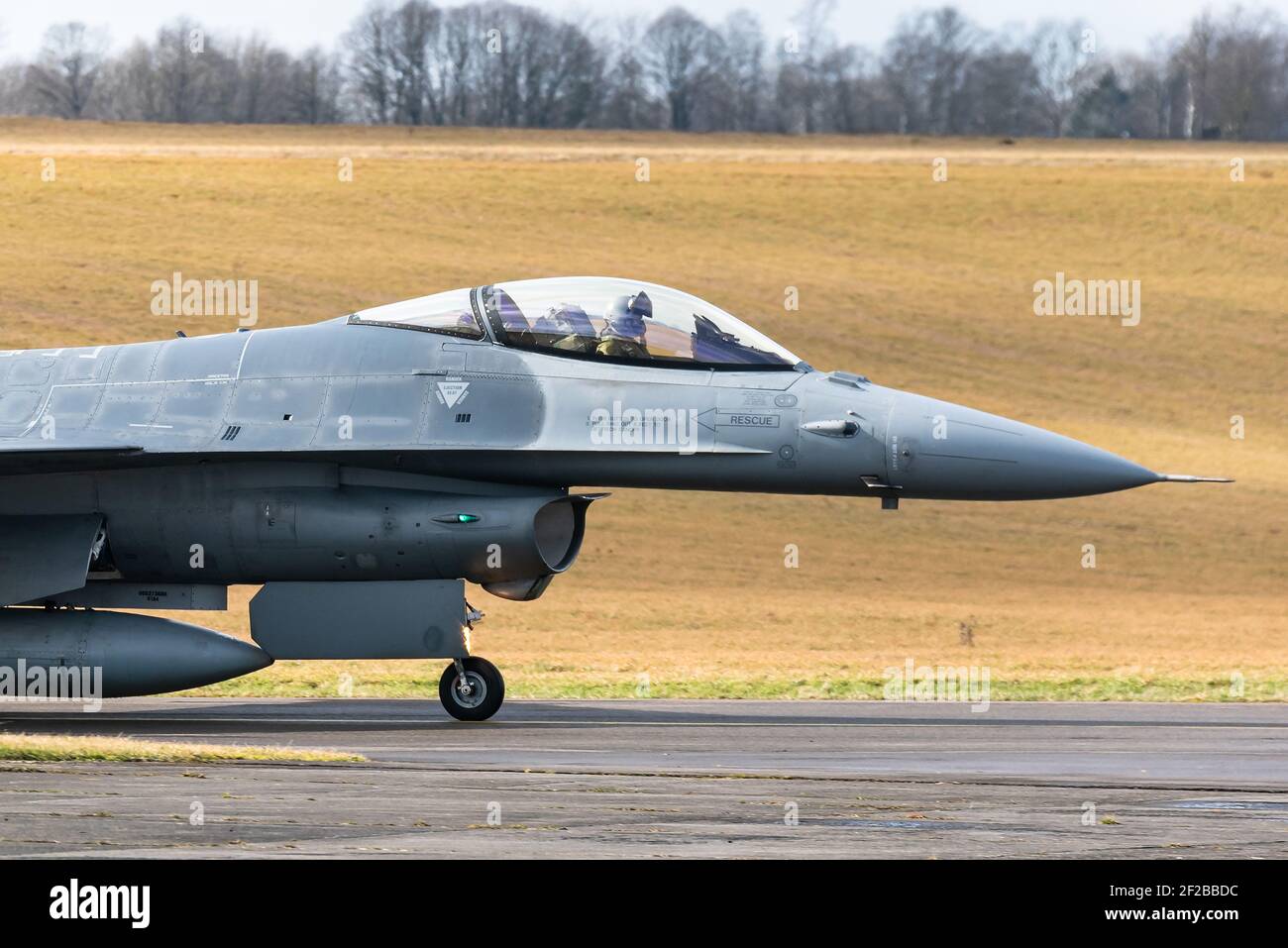 A Lockheed F-16 Fighting Falcon fighter jet of the Belgian Air Force at the Florennes Air Base. The F-16 is a single-engine multirole fighter jet. Stock Photo