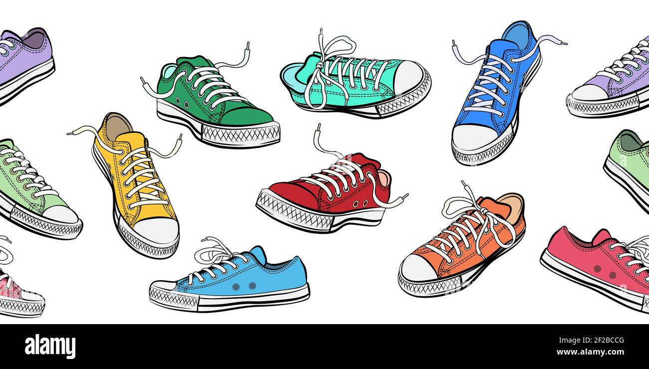 Sneakers shoes horizontal seamless pattern. Sport and street fashion footwear, vector illustration Stock Vector