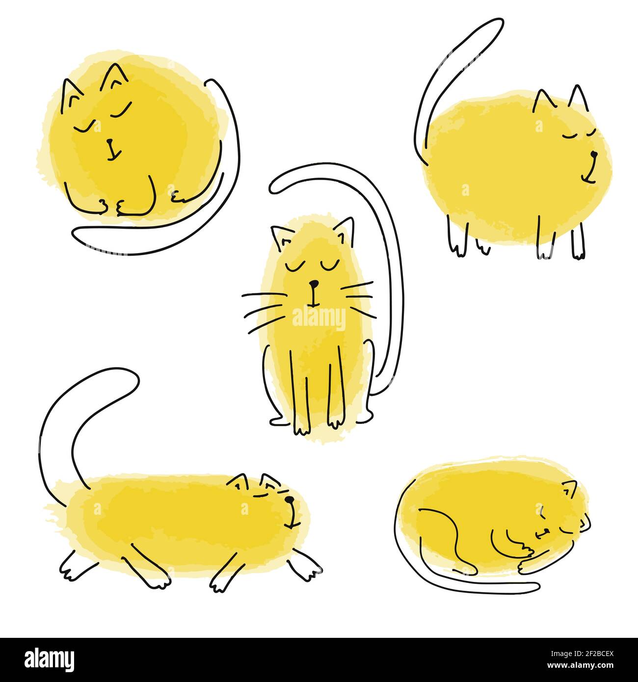 Hand drawn yellow cartoon cats set for design. Vector illustration Stock Vector