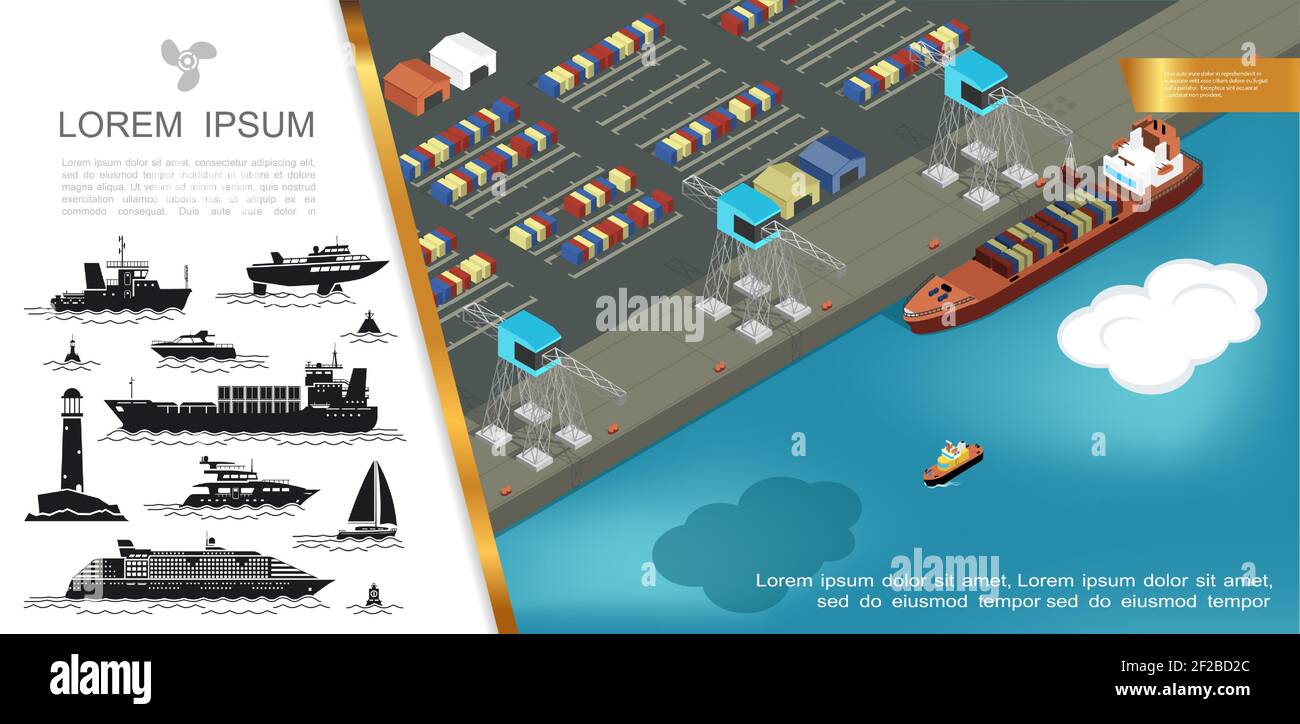 Flat shipping concept with loading of containers on cargo ship at ...