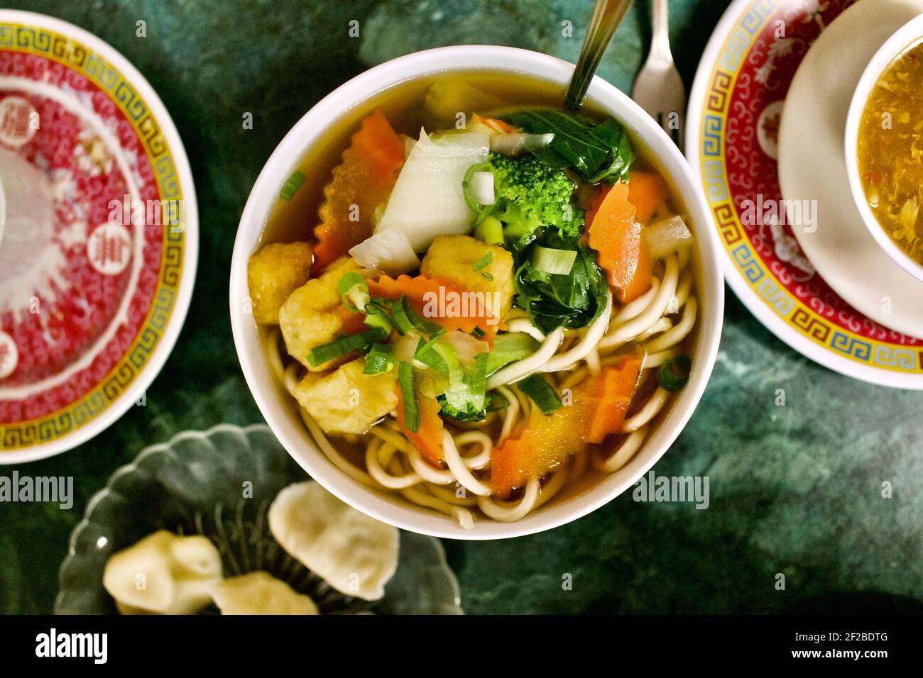 Vegetable soup with noodles at Chinatown Express Restaurant in Washington, D.C.  D.C.’s most authentic Chinese restaurant Stock Photo