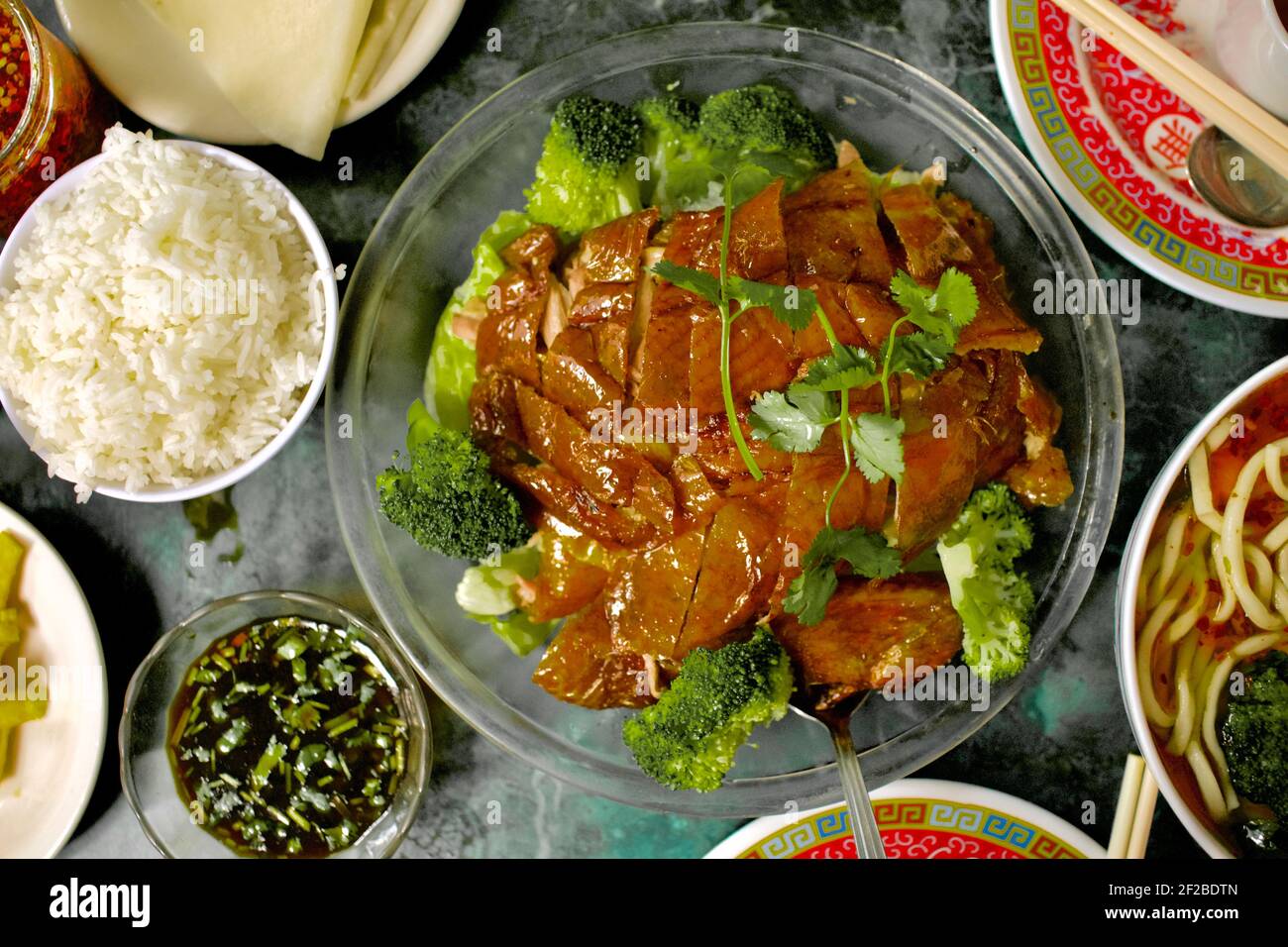 Peking Duck with broccoli at Chinatown Express Restaurant in Washington, D.C.  D.C.’s most authentic Chinese restaurant Stock Photo