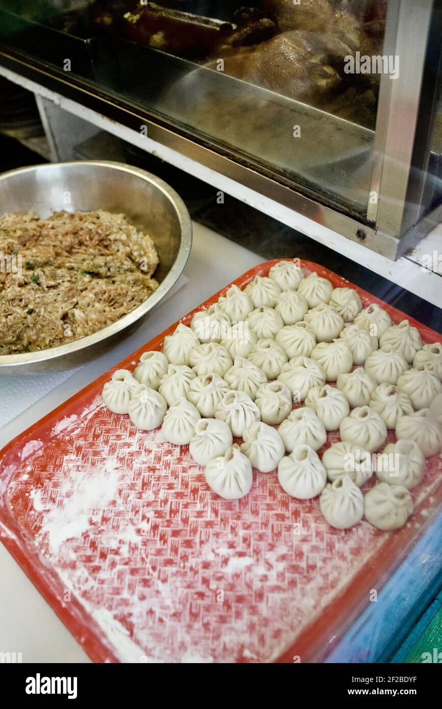 Fresh, hand folded dumplings at Chinatown Express Restaurant in Washington, D.C.  D.C.’s most authentic Chinese restaurant Stock Photo