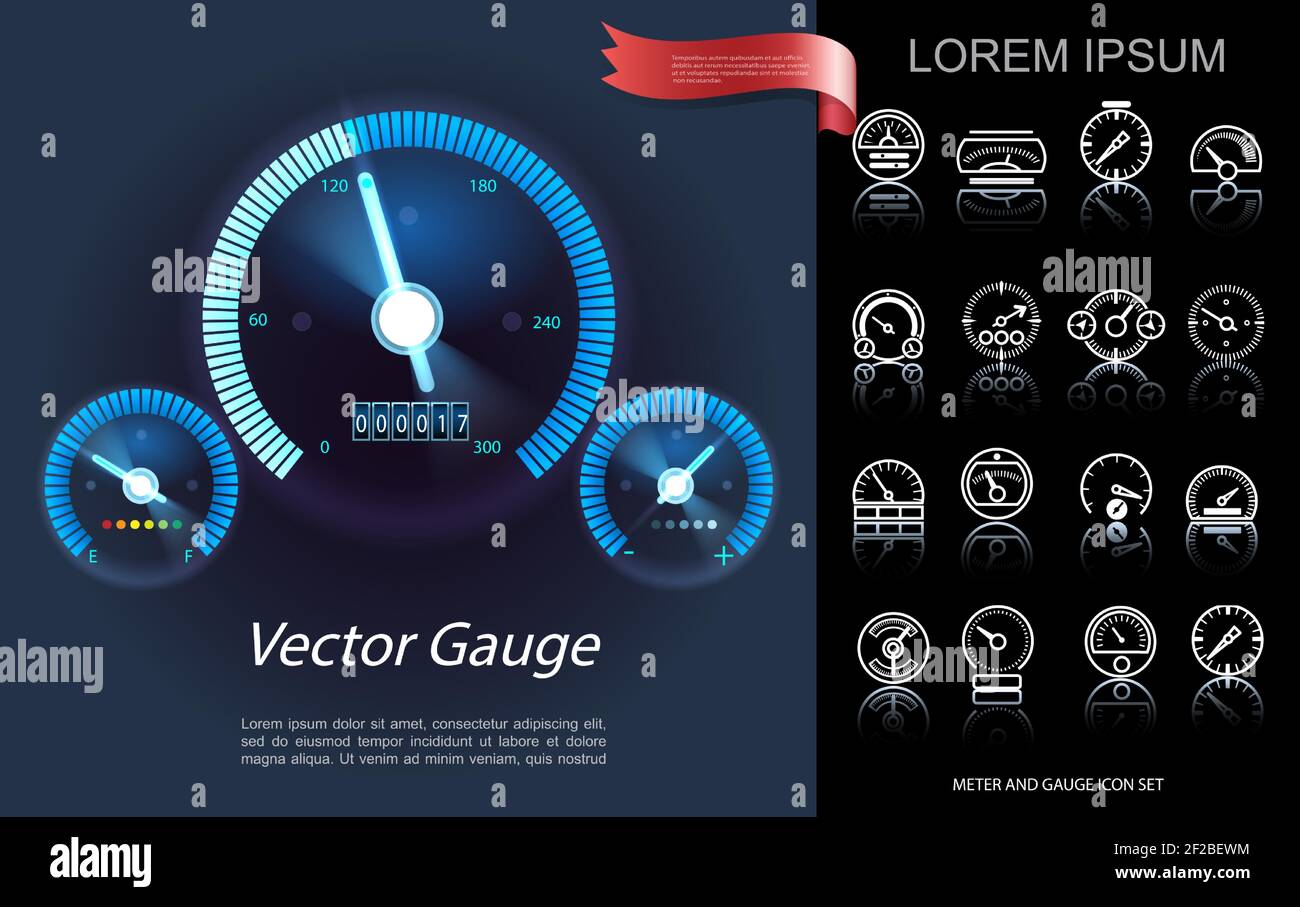 Car dashboard elements concept with modern blue speedometer tachometer ...