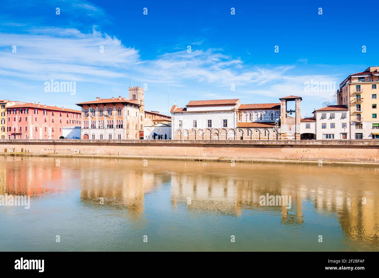 View of the Arno river from the Ponte di Mezzo bridge in Pisa, Tuscany, Italy Stock Photo