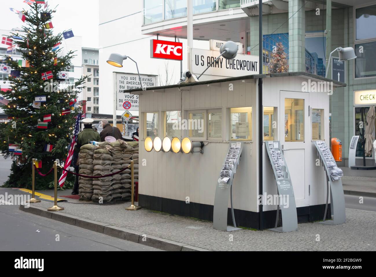 Berlin, Germany - Dec 24, 2017: Checkpoint Charlie in Berlin. Checkpoint Charlie was the name given by the Western Allies crossing point between East Stock Photo