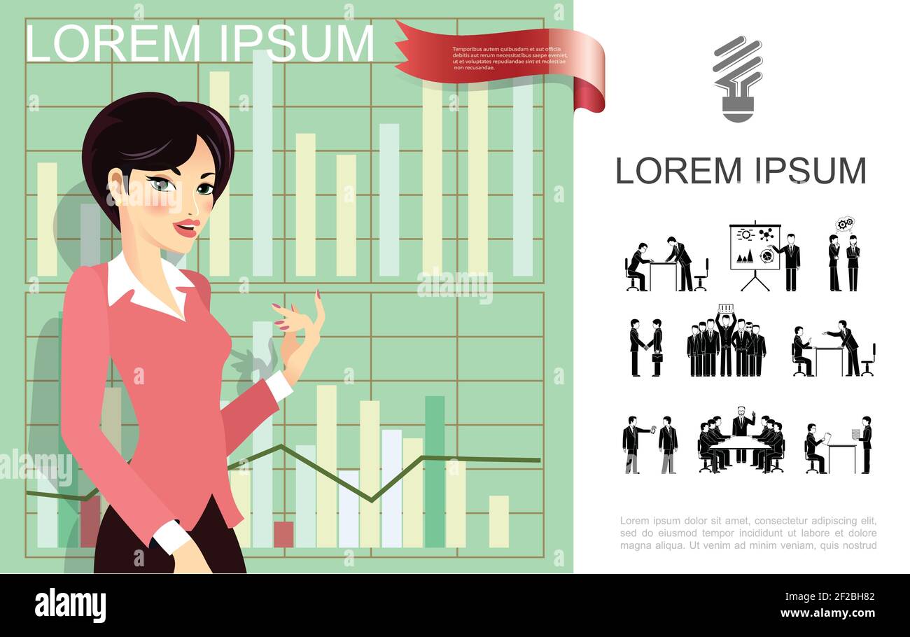 Flat business woman concept with businesswoman standing near frame with ...