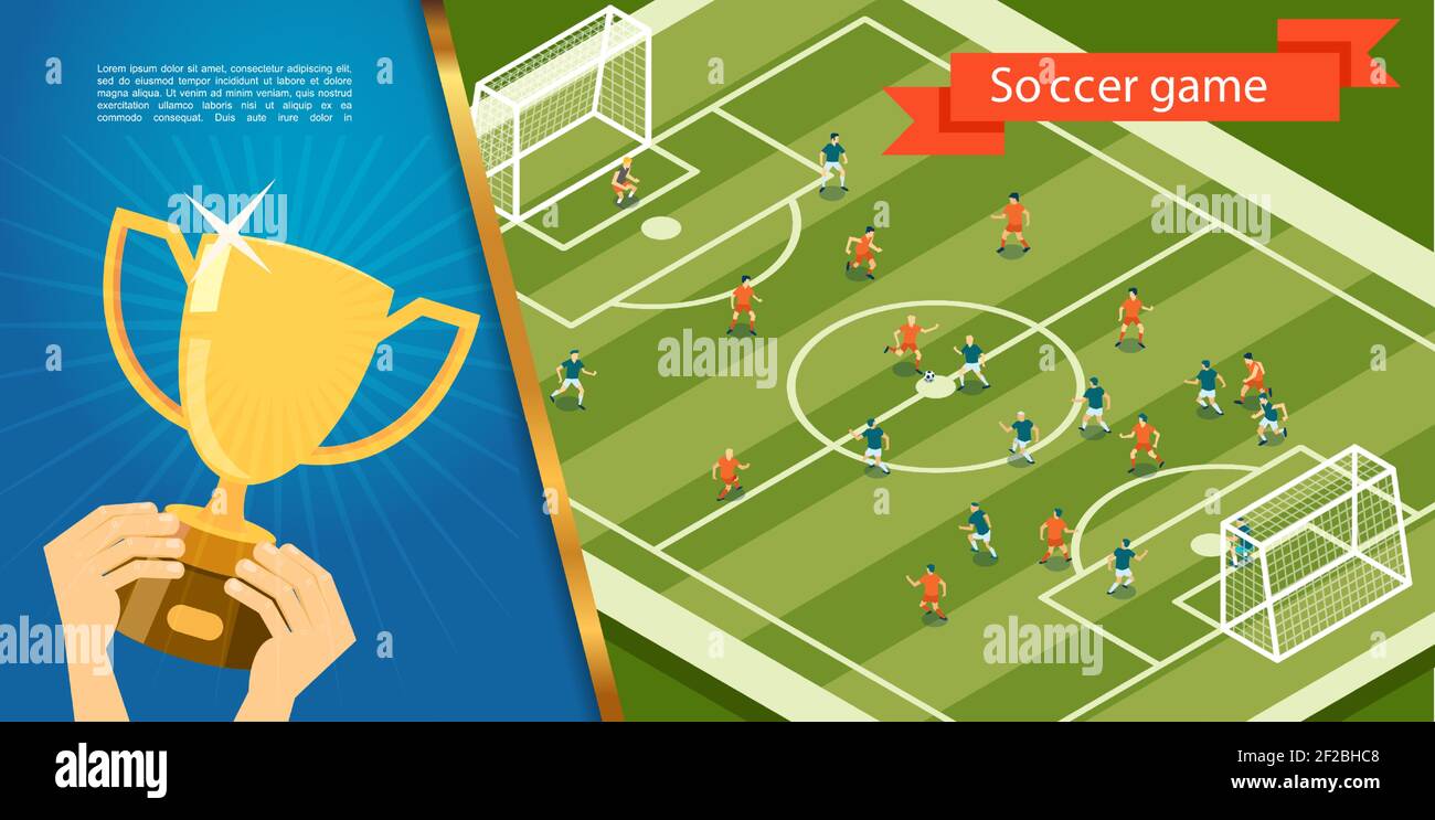 Flat soccer game template with players playing football on playground ...