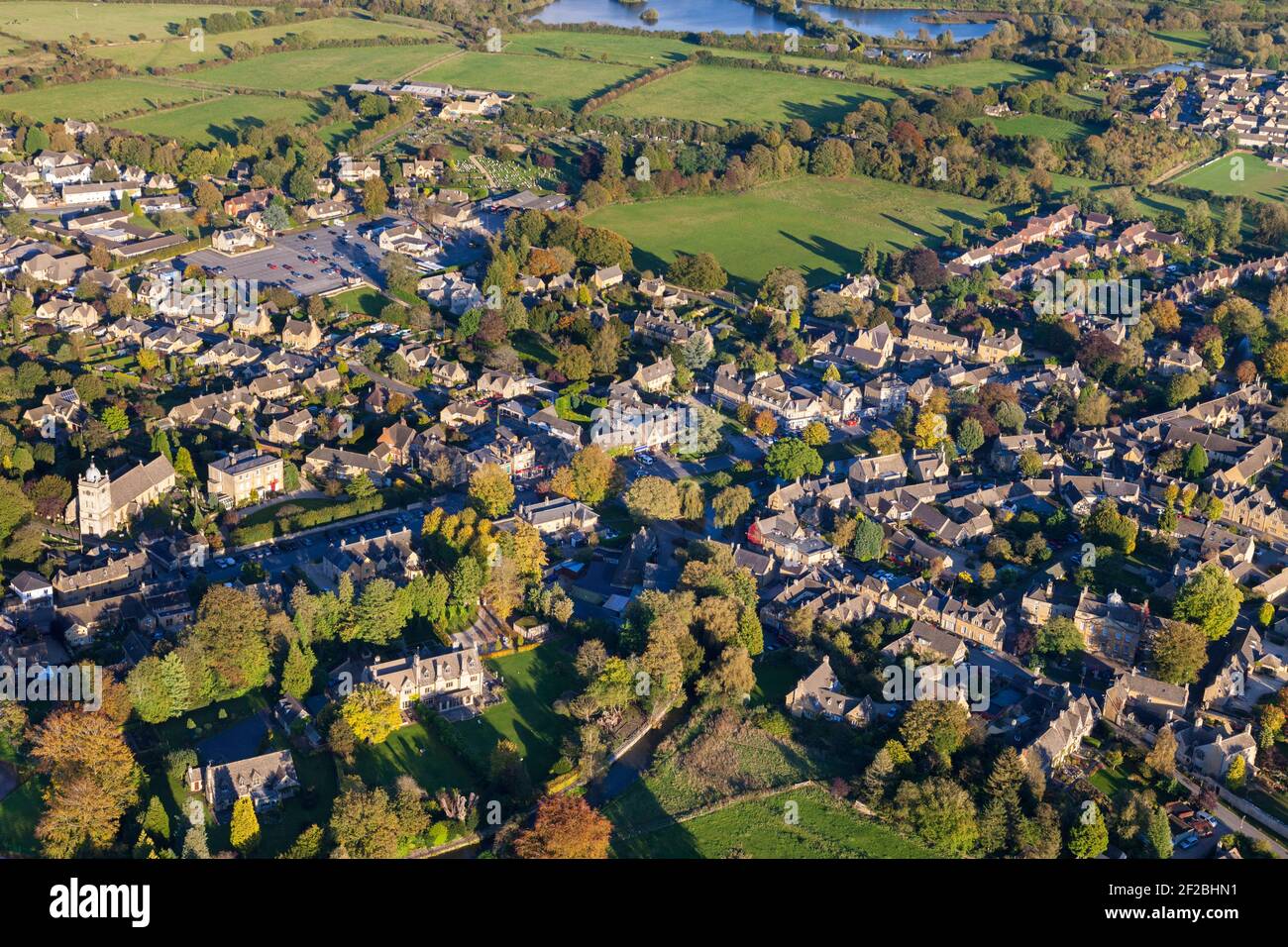 An aerial view of the Cotswold village of Bourton on the Water, Gloucestershire, UK Stock Photo