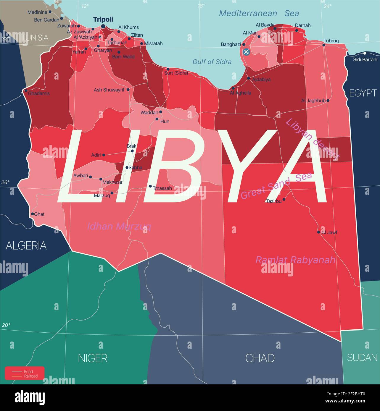 Libya country detailed editable map with regions cities and towns ...