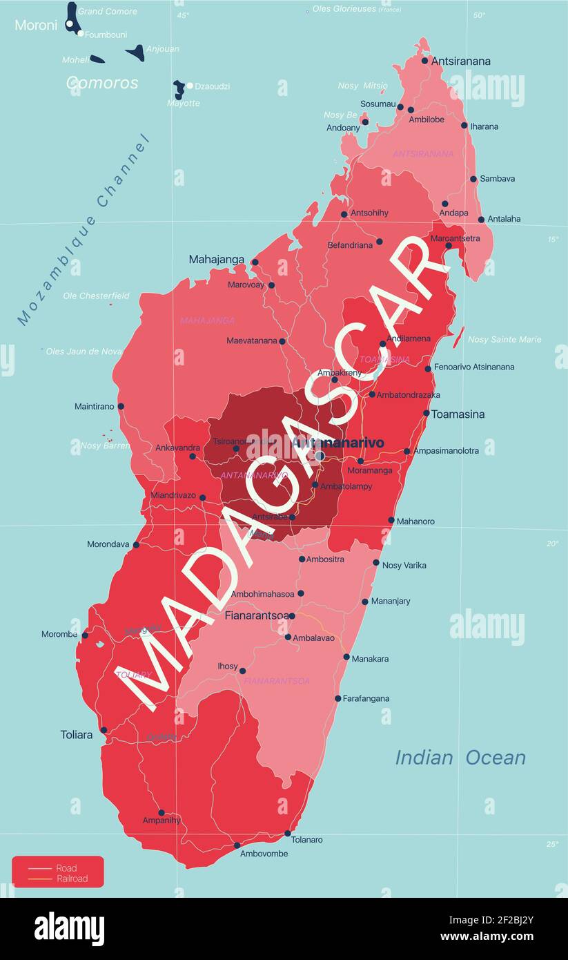 Madagascar country detailed editable map with regions cities and towns, roads and railways, geographic sites. Vector EPS-10 file Stock Vector