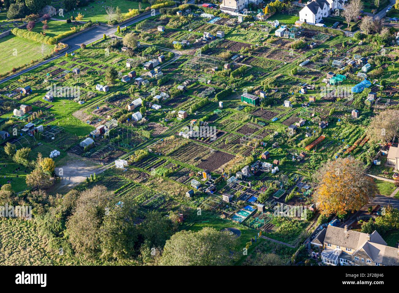 An aerial view of garden allotments in the Cotswold town of Stow on the Wold, Gloucestershire, UK Stock Photo