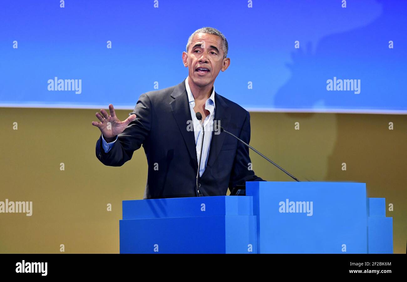 Former 44th USA president Barack Obama speaks at the international food meeting 'Seeds and Chips', in Milan. Italy. March 09, 2017. Stock Photo