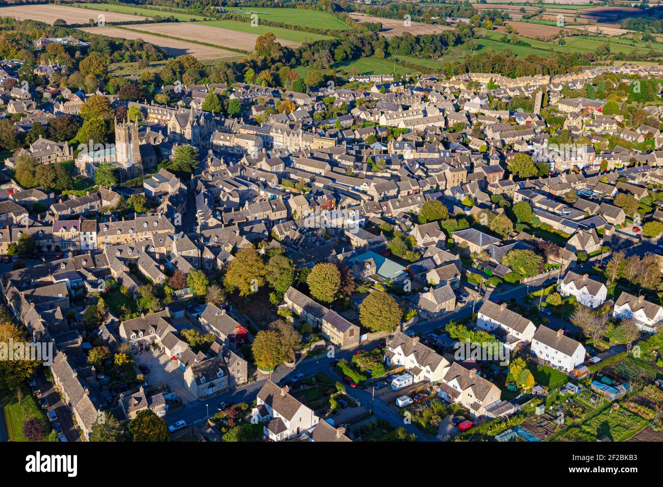 An aerial view of the Cotswold town of Stow on the Wold, Gloucestershire, UK Stock Photo