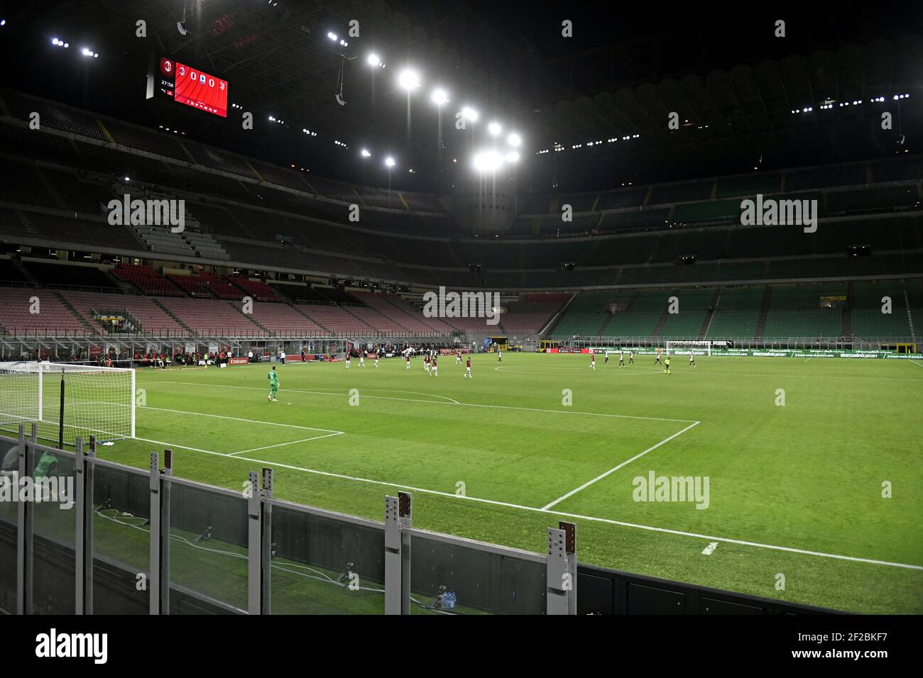 Professional Italian Serie A football match played in an empty Giuseppe Meazza's stadium, due to the Covid-19 healthy rules, in Milan.Italy. Stock Photo