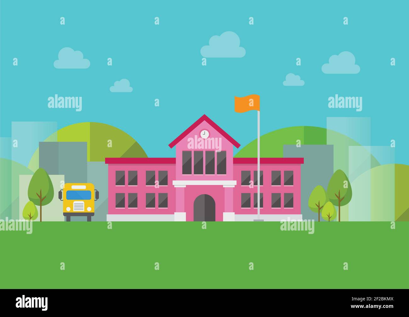 School building with urban landscape in background. Vector illustration Stock Vector