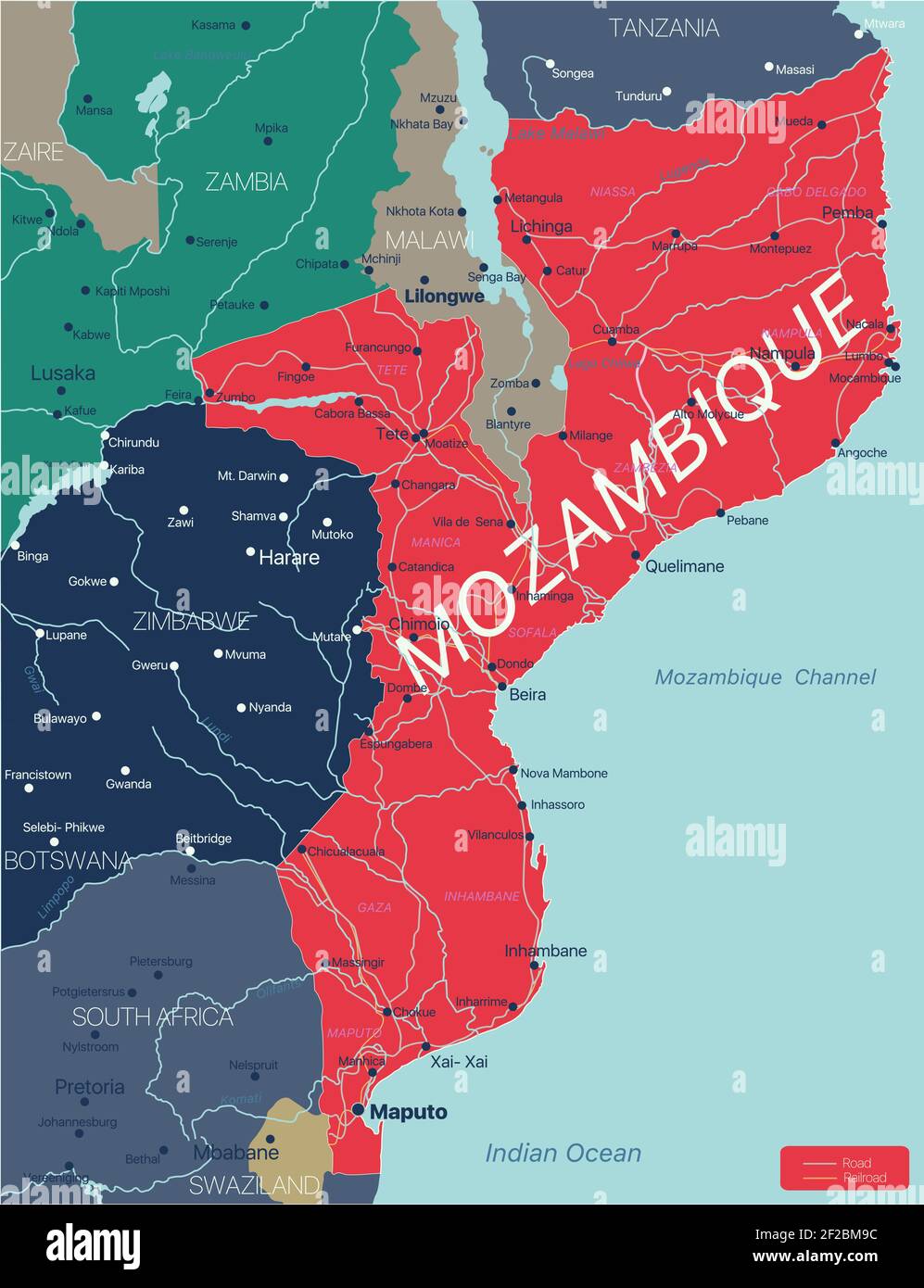 Map Of Mozambique And Surrounding Countries Mozambique Country Detailed Editable Map With Regions Cities And Towns,  Roads And Railways, Geographic Sites. Vector Eps-10 File Stock Vector Image  & Art - Alamy