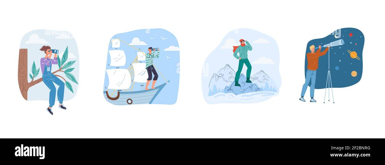 Flat cartoon character set look into distance,vector illustration ...
