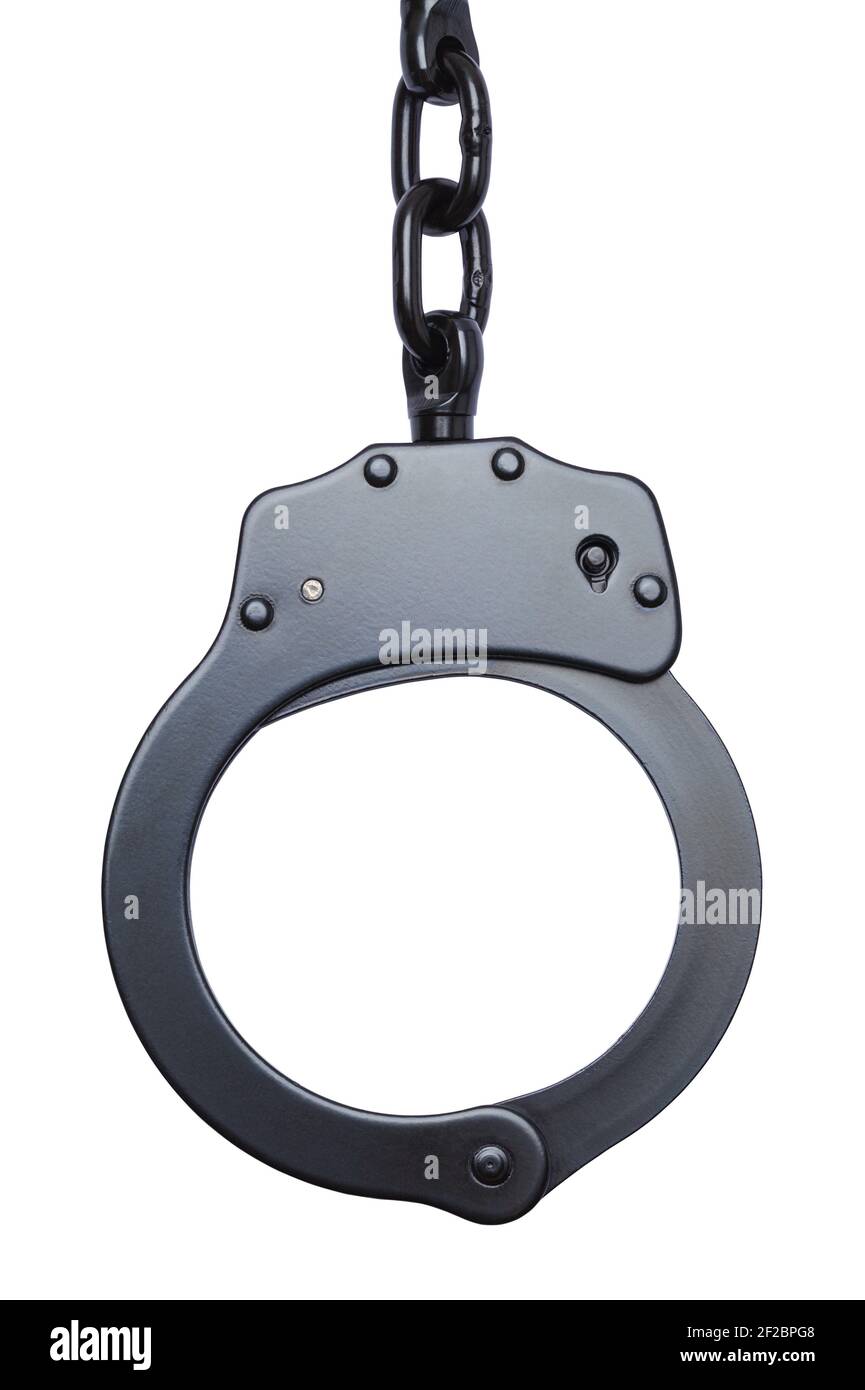 Hanging Black Metal Handcuffs Close Up Cut Out. Stock Photo