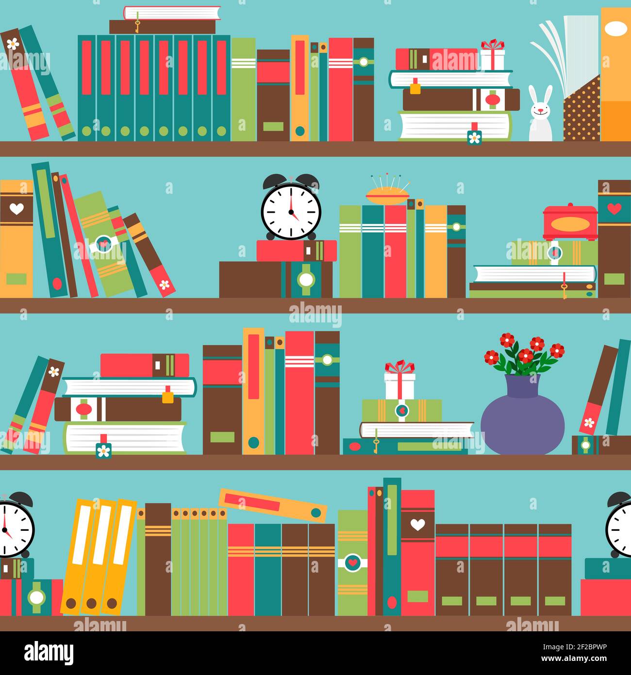 Bookshelf with books in flat style seamless pattern Stock Vector