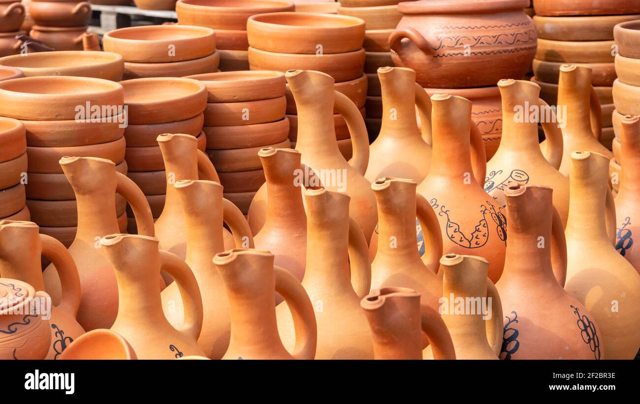 Traditional clay pottery for sale in the village of Shrosha