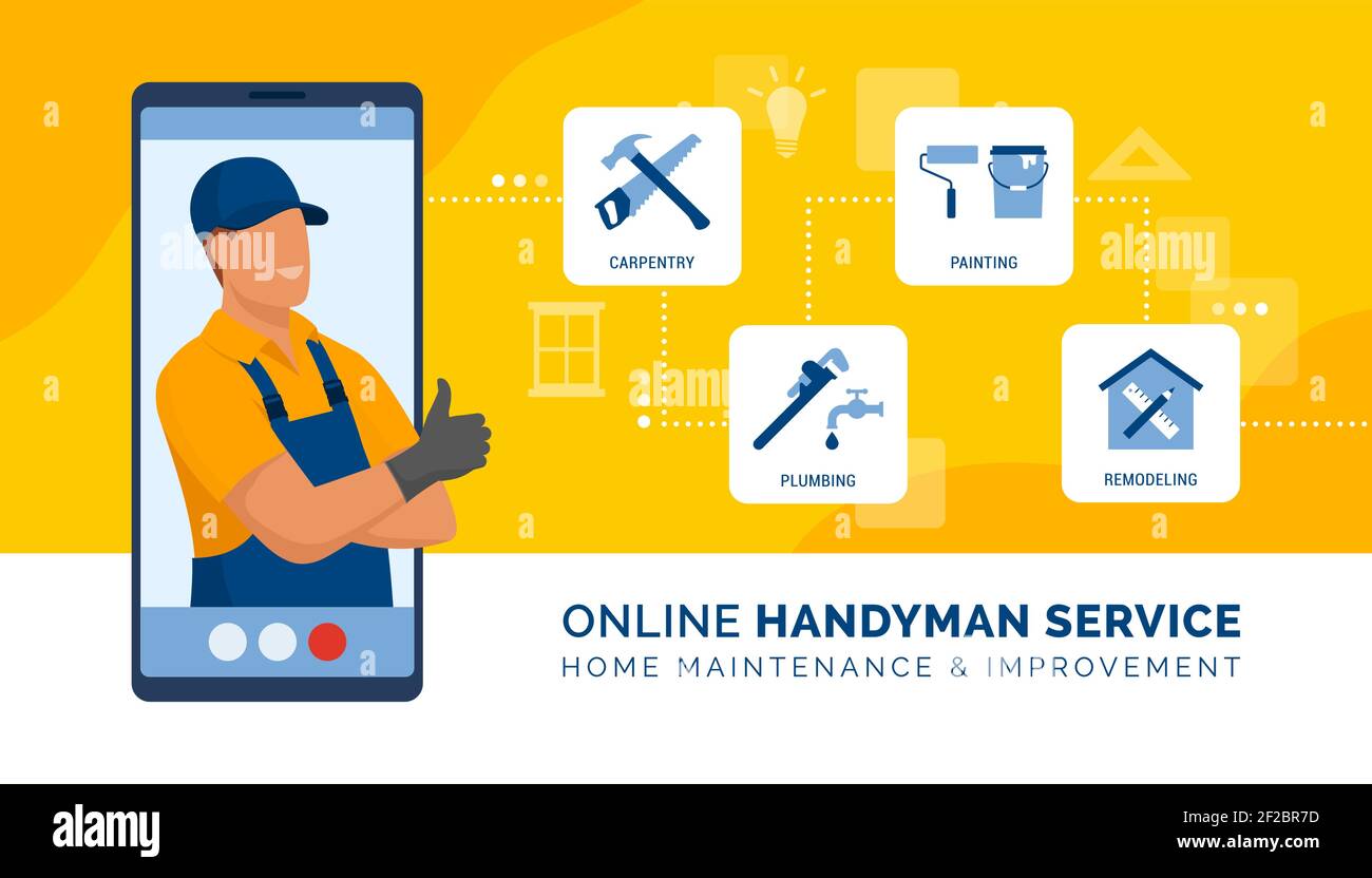 Professional handyman on a video call presenting his services and giving online consultation on carpentry, plumbing, painting and remodeling Stock Vector