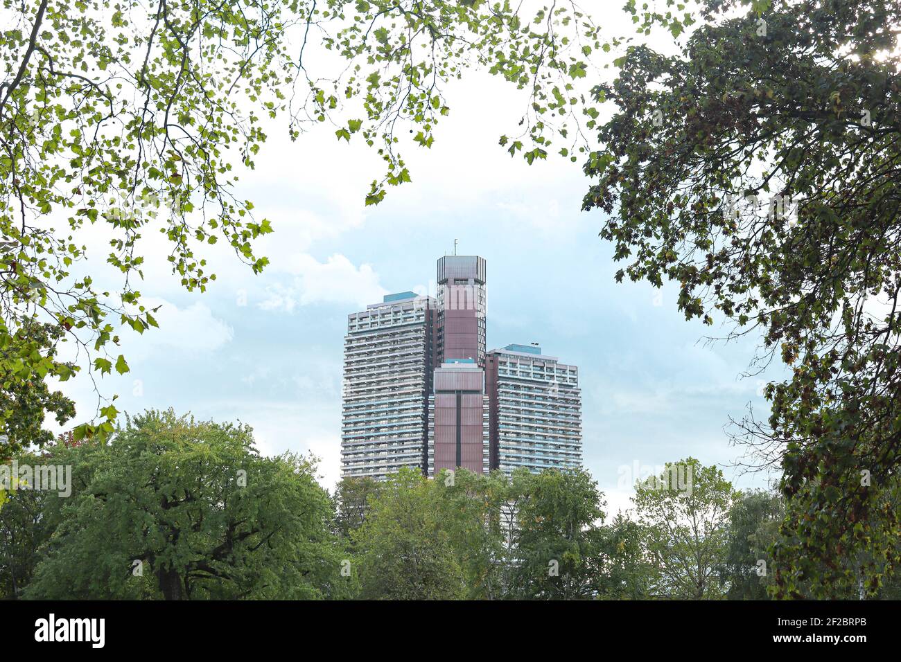 Beautiful HiroshimaNagasaki Park during spring, view of sky and buildings, Cologne, Germany